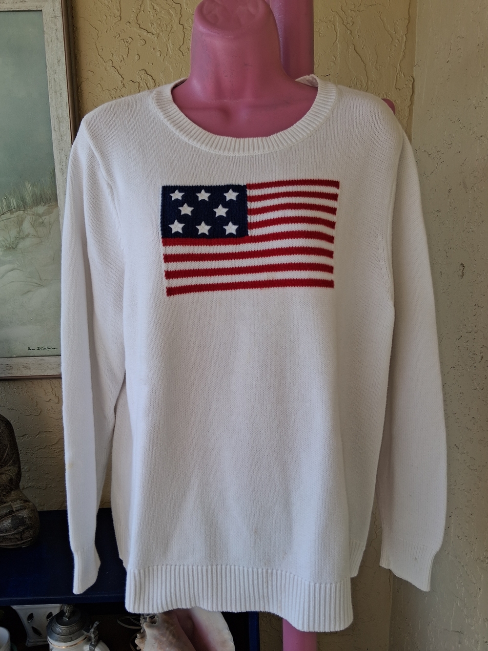 croft & barrow White Crewneck Sweater with Red and Blue Flag Patch